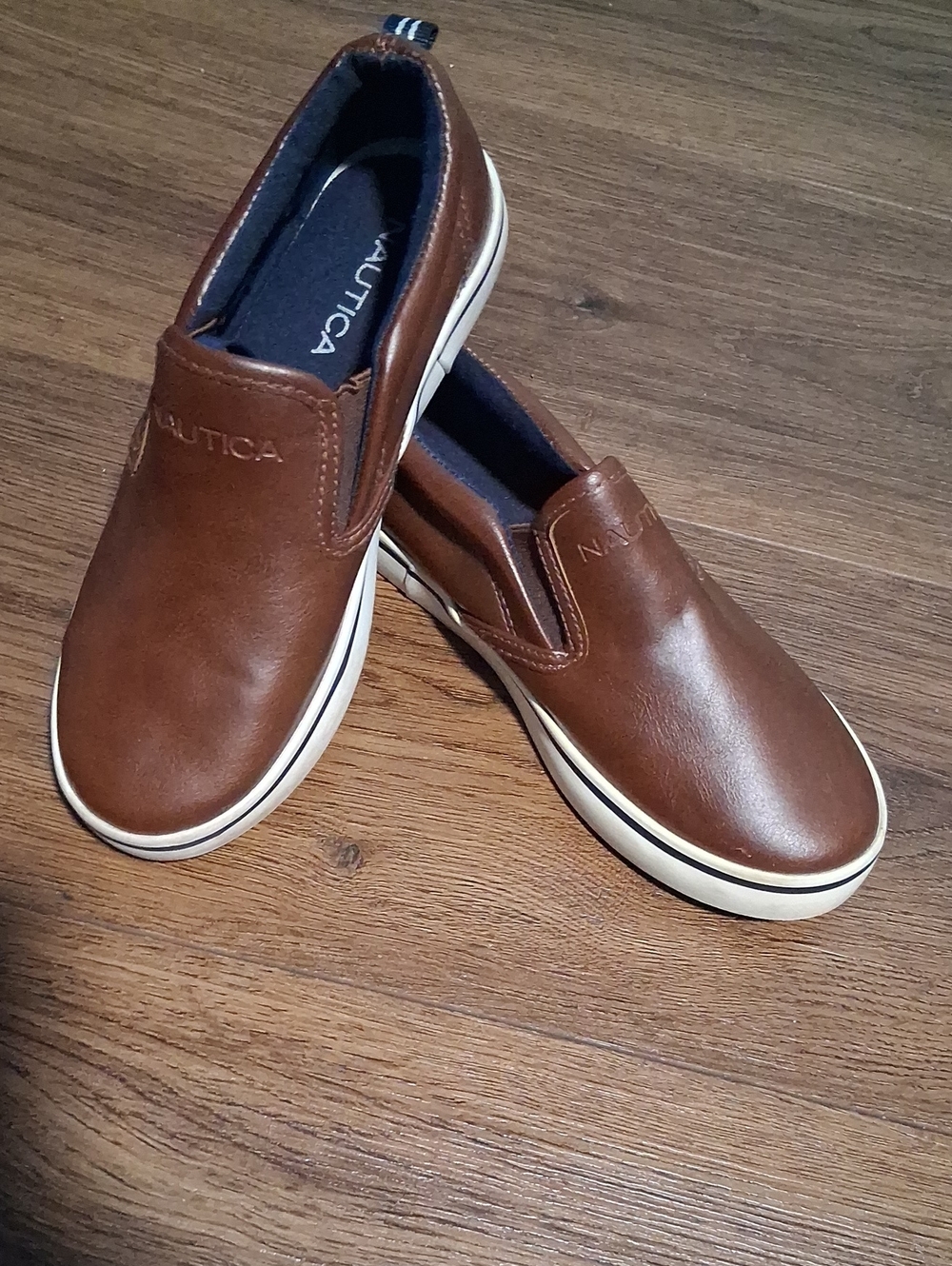 Nautica Brown Slip-On Kids Dress Loafers with White Sole
